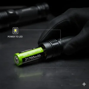 Close-up view of a high-capacity, rechargeable lithium-ion battery used to power the tactical power flashlight.