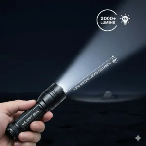 Graphic showing the powerful lumen output and beam distance of a us navy seal flashlight.