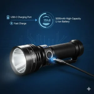 A close-up showing the USB-C charging port and battery indicator of a big rechargeable flashlight.