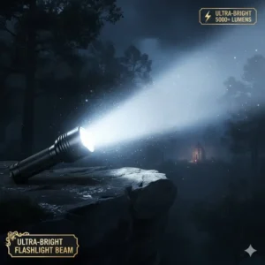 A diagram showing the impressive, ultra-bright output (high lumens) of the expensive flashlight, with a long-distance light beam cutting through the darkness.