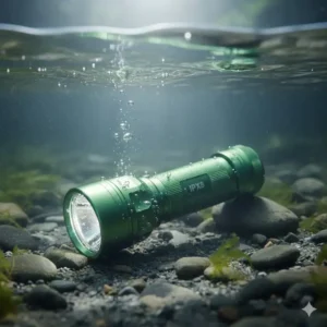 A rugged, durable best hiking flashlight submerged in water, demonstrating its IPX8 waterproof rating for use in all weather conditions.