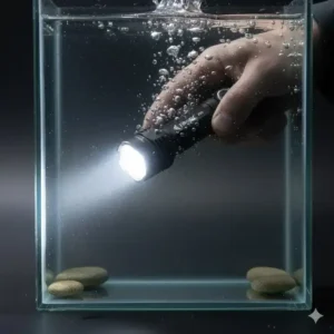 Close-up shot of the fenix tactical flashlight submerged underwater, demonstrating its IP68-rated waterproof durability.