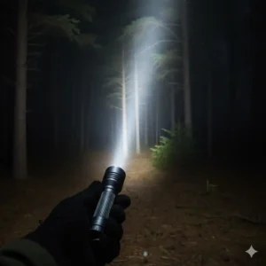 The intense, focused beam of a bright small tactical flashlight cutting through darkness, showing its long throw distance.