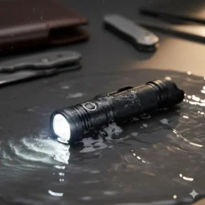 Illustrating the rugged, waterproof construction of the best edc rechargeable flashlight in a wet environment.