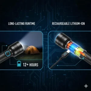 Diagram illustrating the long runtime and rechargeable lithium-ion battery system that powers the high beam flashlight.