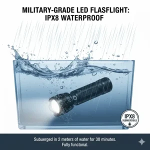 Demonstration of the IPX8 water resistance rating of a rugged military led flashlight.
