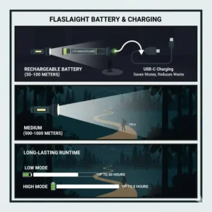 A diagram of a USB-C rechargeable flashlight for walking at night.
