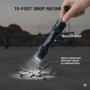 A durability diagram of a us navy seal flashlight showing its shockproof and impact-resistant body.