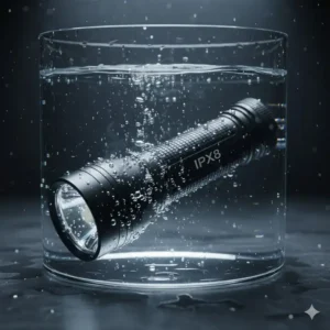 A heavy-duty, waterproof power flashlight submerged in water, demonstrating its IPX-rated durability and rugged design.
