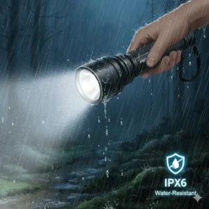 A durable and waterproof big rechargeable flashlight being used in heavy rain for outdoor survival.