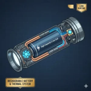 An illustration detailing the high-capacity, specialized rechargeable lithium-ion battery and efficient thermal management system of this expensive flashlight.