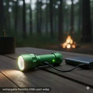 Showing a rechargeable best hiking flashlight being powered via a modern USB-C port, highlighting convenience for trail users.