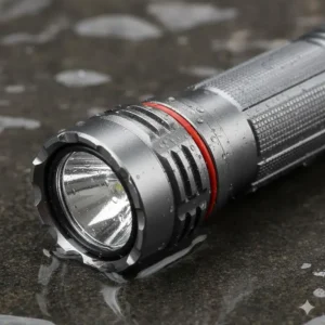 A close-up view of the aerospace-grade aluminum construction and sealed gaskets on a durable small tactical flashlight, demonstrating its waterproof rating.