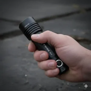 Compact fenix tactical flashlight held comfortably in a hand, showing its ergonomic grip and pocket-sized design.