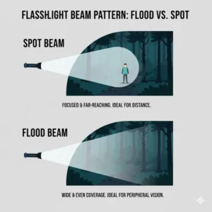 Illustration explaining flood and spot beam patterns of a flashlight for walking at night.