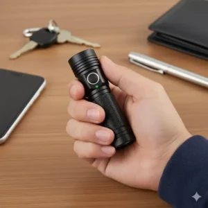 A compact everyday carry (EDC) power flashlight held in a person's hand for scale and practical use.