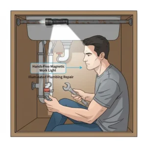 Illustration of a homeowner using the best magnetic flashlight for hands-free plumbing repair under a sink.