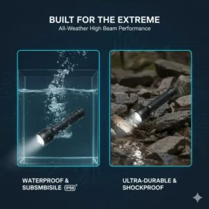 A durable, waterproof tactical high beam flashlight submerged in water, highlighting its all-weather, high-performance features.