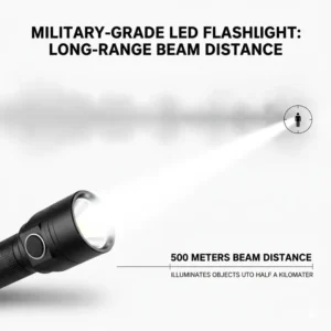 An infographic showing the extreme long-range beam distance of a military led flashlight.