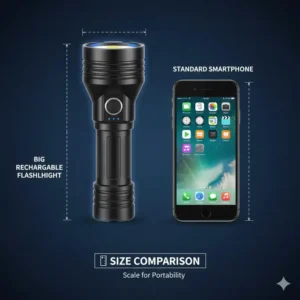 An illustration comparing the size of a big rechargeable flashlight next to a smartphone for scale.