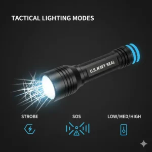 An infographic displaying the various lighting modes available on a us navy seal flashlight.
