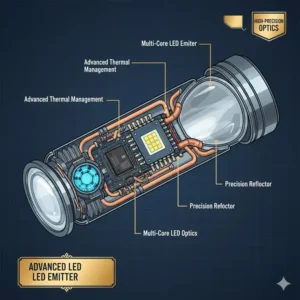 A magnified view or diagram of the advanced LED emitter and precise reflector, which contribute to the high cost of this expensive flashlight.