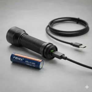 Diagram of the rechargeable 18650 Li-ion battery and the convenient USB-C charging port for the fenix tactical flashlight.
