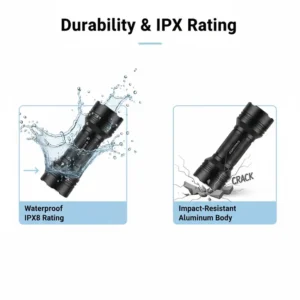 Illustration of a waterproof and impact-resistant best magnetic flashlight with an IPX8 rating.