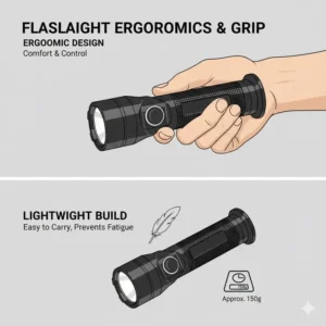 Close-up of an ergonomic handle on a lightweight flashlight for walking at night.