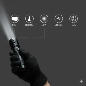 Graphic comparing the different light modes available on a power flashlight, including high, medium, low, strobe, and SOS.