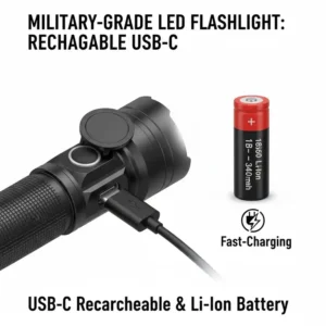 Close-up view of the USB-C charging port and battery of a military led flashlight.