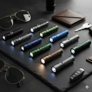 A collection showcasing the different body materials and colors available for the best edc rechargeable flashlight.