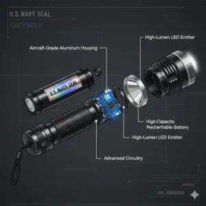 Internal anatomy illustration showing the high-quality LED and components of a us navy seal flashlight.