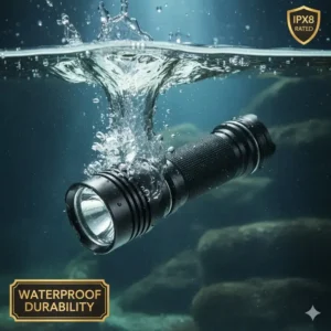 A shot of the expensive flashlight fully submerged in water (IPX8 rating), demonstrating its exceptional water resistance and sealing technology.