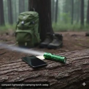 A side-by-side comparison illustrating a lightweight, compact best hiking flashlight next to a smartphone for scale.