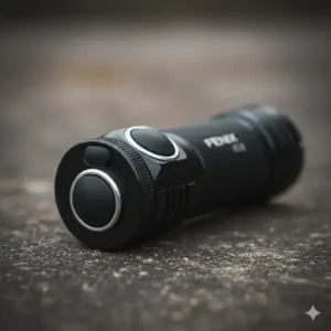 Detailed view of the dual tail switch for instant activation and momentary on functions on the fenix tactical flashlight.