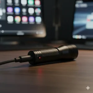 A micro-USB or USB-C port visible on a rechargeable small tactical flashlight during the charging process.