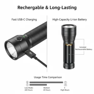 Illustration of a USB-C rechargeable best magnetic flashlight with a long-lasting lithium-ion battery.