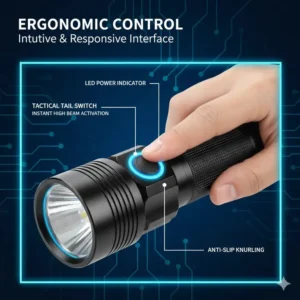 Close-up of the easy-to-use, ergonomic tail switch and interface for quickly activating the bright high beam flashlight.