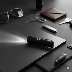 Demonstrating the magnetic tailcap feature of the best edc rechargeable flashlight attached hands-free to a surface.