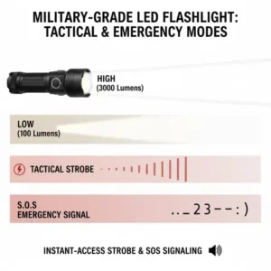 Visual guide to the tactical strobe and emergency SOS signaling modes of a military led flashlight.