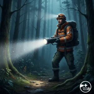 A first responder using a big rechargeable flashlight during an emergency search and rescue mission at night.