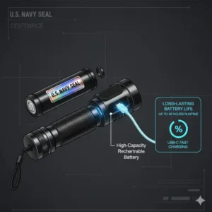 Illustration of the rechargeable battery system and charging port of a us navy seal flashlight.