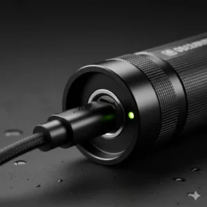 Macro shot of the integrated USB-C charging port on a modern rechargeable power flashlight for user convenience.