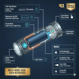 An infographic showing the advanced, programmable user interface and multiple lighting modes (e.g., turbo, strobe, moonlight) available on this expensive flashlight.