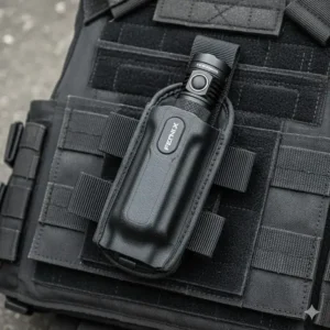 Durable nylon holster with MOLLE attachment securely holding the fenix tactical flashlight for easy carry.