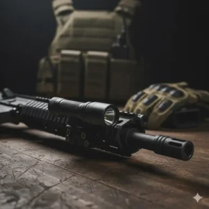 A compact small tactical flashlight secured with an offset mount on a firearm, highlighting its utility for self-defense.