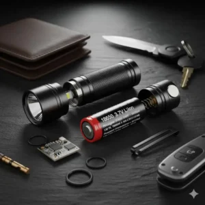 Internal view showing the lithium-ion battery required for the best edc rechargeable flashlight.