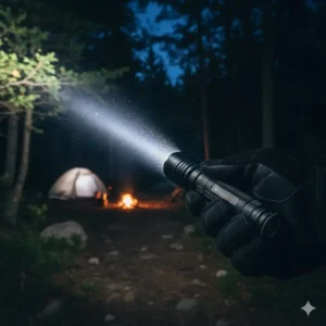 A person using a powerful power flashlight to illuminate a campsite or a forest path during an outdoor camping trip.