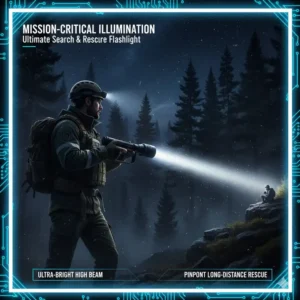 A user utilizing the ultra-bright high beam flashlight for a nighttime search and rescue operation, highlighting its utility as a powerful tool.